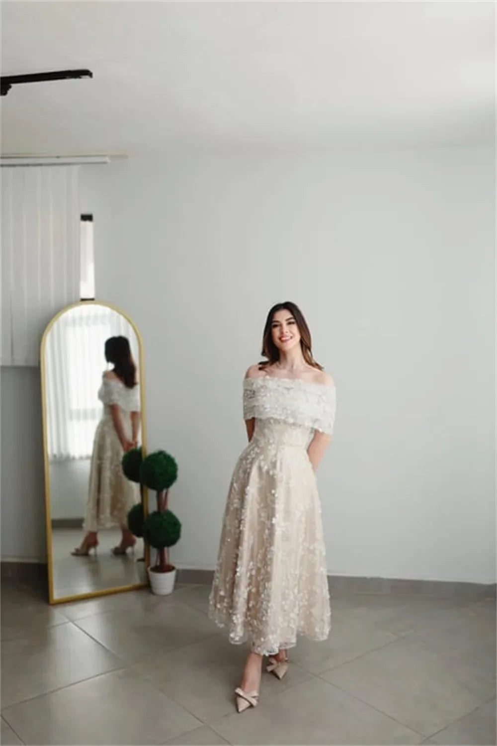 Champagn Tulle Evening dresses Off the Shoulder A-line Vestidos De Fiesta Elegant Long Sleeves Ankle-length  فساتين سهرة