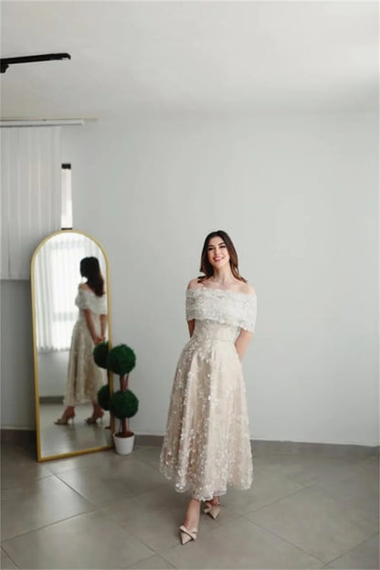 Champagn Tulle Evening dresses Off the Shoulder A-line Vestidos De Fiesta Elegant Long Sleeves Ankle-length  فساتين سهرة