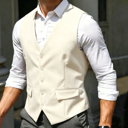 Men Vest White Single Breasted V Neck Solid Waistcoat For Wedding Banquet Business Party Work Office Casual Daily Men Suit Vest