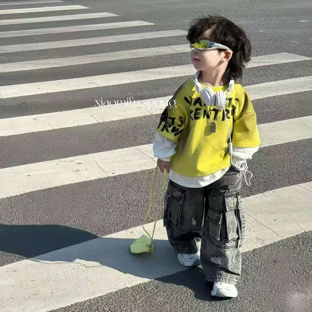 Boy Costumes Sweatshirt New Patchwork Hoodie Korean Letter T-shirt Retro Workwear Wide Jeans Kids Denim Overalls Outfit 2-11 Y