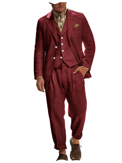 Italian Style Men's Linen 3 Piece Set Notch Lapel 2 buttons Blazer+Vest+Pants Breathable Lightweight Summer Casual Business Suit