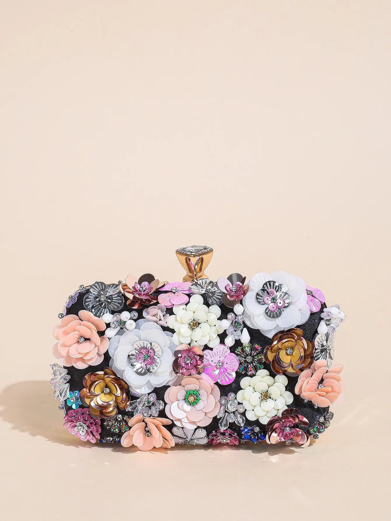 I PC Black Elegant Floral Beaded Clutch, classic Banquet Purse,Women's Fashion Evening Bag Foren Wedding Party Prom