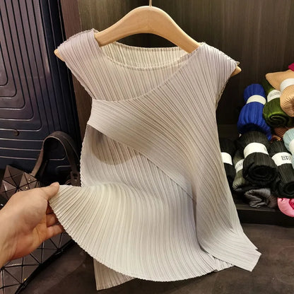 Sleeveless T-shirt Miyake Pleated Summer New Round Neck Slim Thin Versatile Irregular Women's Undershirt Tops Multiple Ways Wear