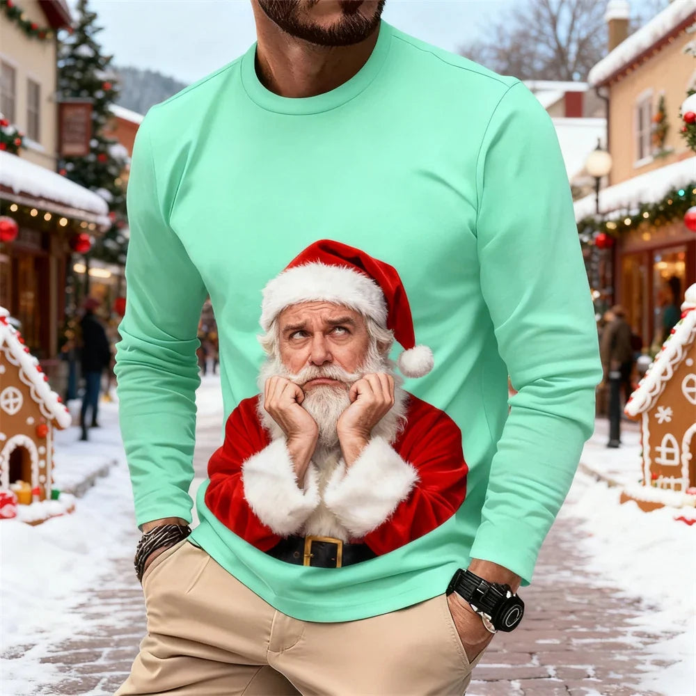 New Fun Santa Claus Design Comfortable Long-Sleeve T-Shirt Santa Claus Pattern Men's Casual Crew Neck Loose-Fit Breathable Top
