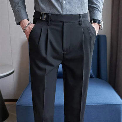 Pure Color Male Business Wedding Dress Pants Fashion Unique Design Men Waist Adjustable Suit Pant No Belt Slim Trousers Homme