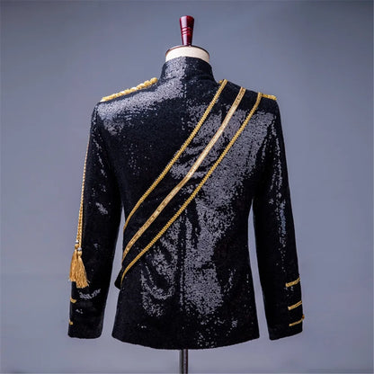 Men Sequin Uniform MJ Dance Wear Glitter Black White Vintage Michael Jackson Stage Jacket with Tassel
