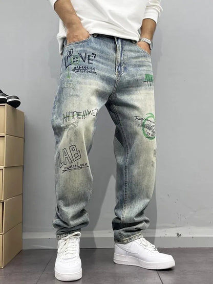 Spring and Autumn New Fashion Trend Printed Straight Leg Vintage Denim Pants Men's Casual Loose Sports High Quality Pants 28-36