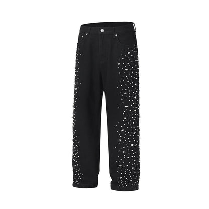 Full Rhinestone Print Washed Blue Baggy Jeans Mens and Women Ropa Hombre Streetwear Solid Casual Denim Trousers Loose Cargos