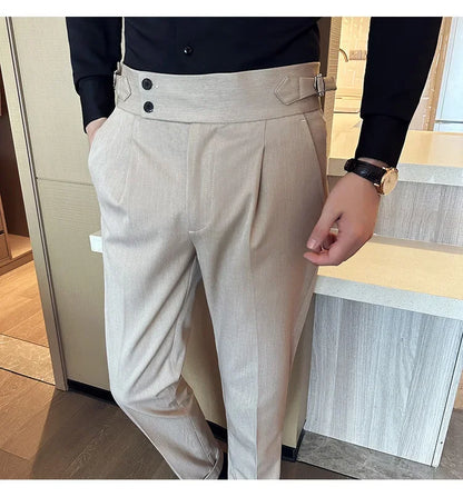 Autumn Winter High Waist Business Dress Pants Men Casual Belt Design Slim Suit Pants Formal Wedding Social Party Male Trousers