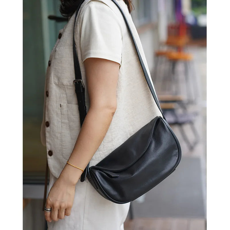 High Quality Genuine Leather Crossbody Luxury Handbag for Women, Large Capacity Shoulder Bag, Cowhide Retro Fashion Saddle Bag