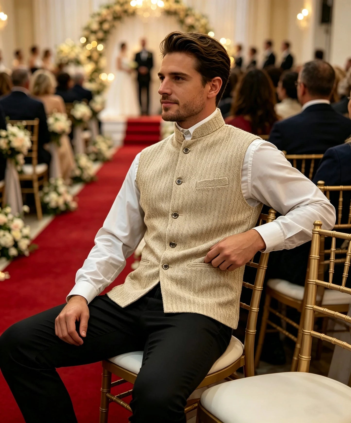 Mens Suit Tweed Vest Stand Collar Single Breasted Herringbone Sleeveless Waistcoat Casual Business Wedding Party Outerwear Gilet