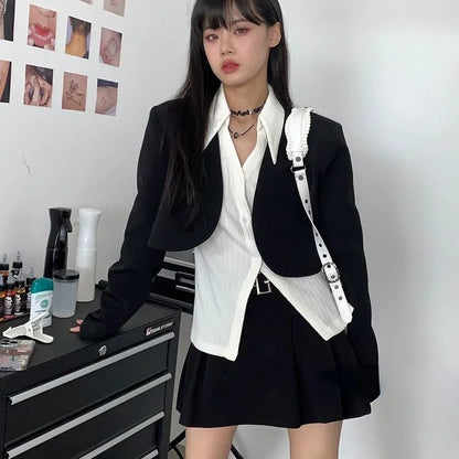 Blazers Women Black Vintage Fashion Hot Sale Spring Office-look Simple Crops Design Cozy All-match Korean Style Tender Outwear