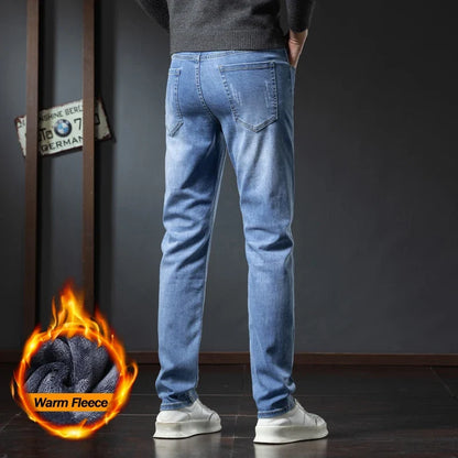 2025 Winter Fleece Jeans Men's Fashion Elastic Slim Straight Warm Trousers Thicken Business Casual Korean Thermal Denim Pants
