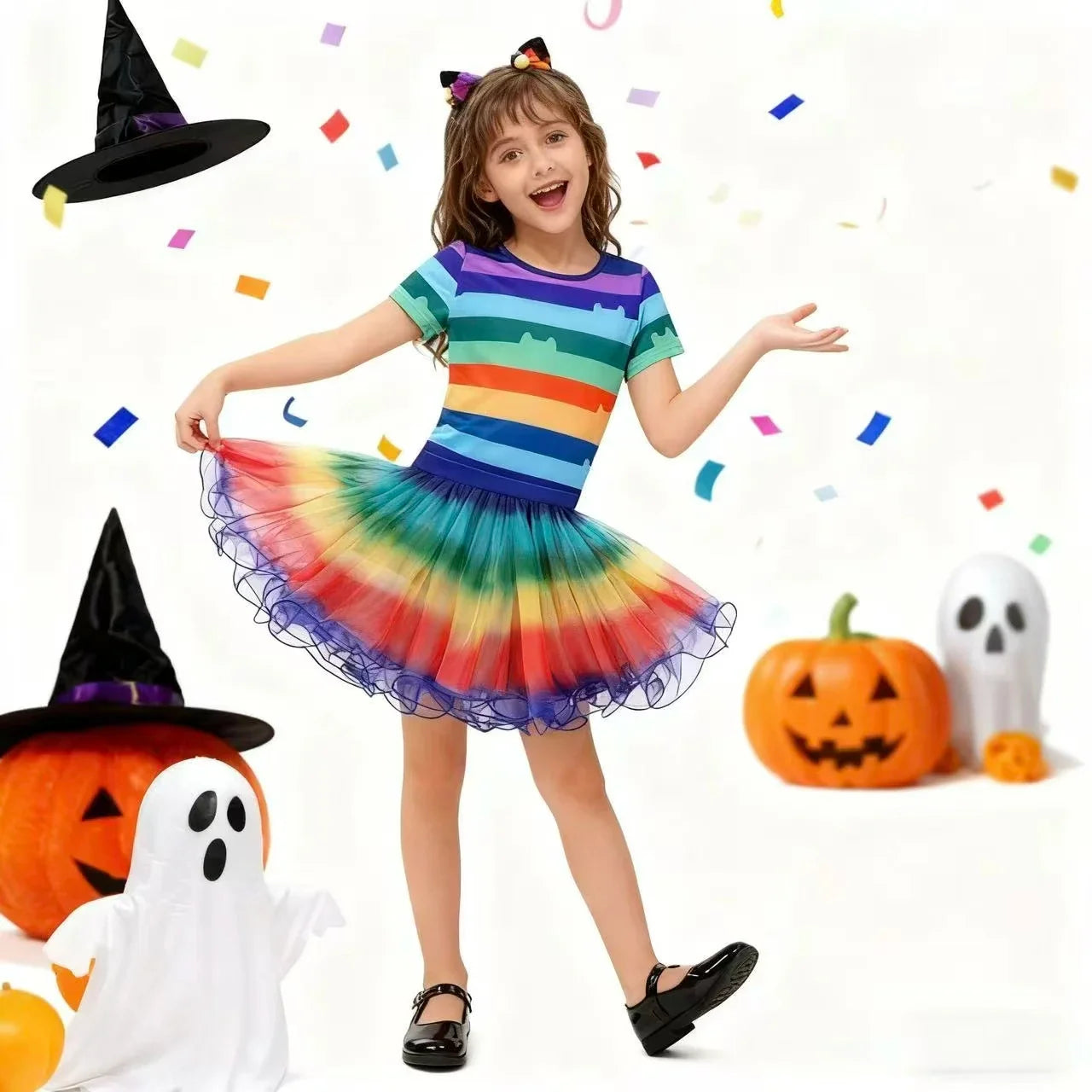 Girls Rainbow Striped T-Shirt Tutu Skirt With Cat Ears Headband Set Halloween Carnival Cosplay Costume Kids Birthday Clothing