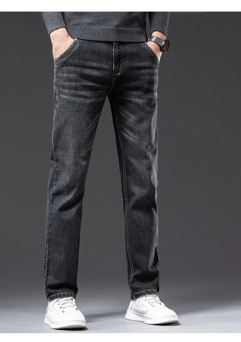 New Men's Slim Straight Elastic Jeans Fashion Business Casual Comfortable Soft Denim Trousers High Quality Mens Designer Clothes