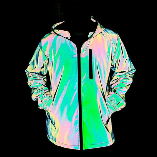 Men's Night Reflective Windproof Hooded Jacket Hip-hop Streetwear Couple Trend Coat for Outdoor Cycling Jogging Safety Clothing