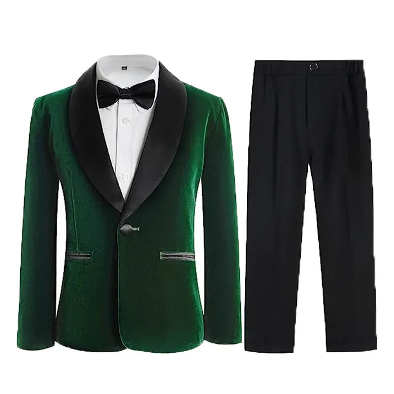 Flower Boys Velvet Jacket Pants Bowtie 3PCS Photograph Suit Kids 1Year Birthday Dress Children Wedding Performance Evening Set