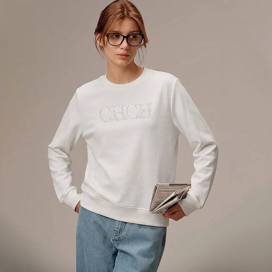 Women's Hoodie 2026 New Simple Pearl Embroidered Top Women's Beige Loose Long Sleeve Hoodie