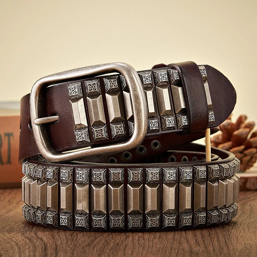 New Cowboy Motorcycle Jeans Heavy Metal Rivet Belts For Men Genuine Leather Belt Punk Rock Male Strap Ceinture Homme