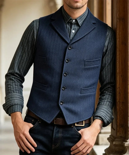 Men's Wool Tweed Suit Vest Lapel V Neck Sleeveless Herringbone Retro Casual Slim Fit Wedding Business Waistcoat for Tuxedos