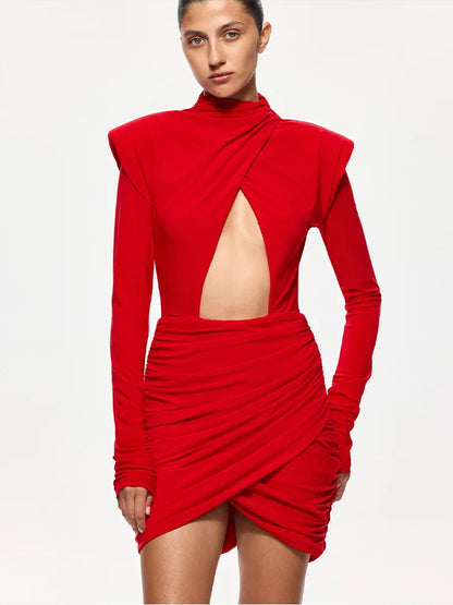 Eelgant Fashion Dresses For Women Solid Zipper Sheath Pleated Hollow Out Regular Long Sleeves Turtleneck Shoulder Pad