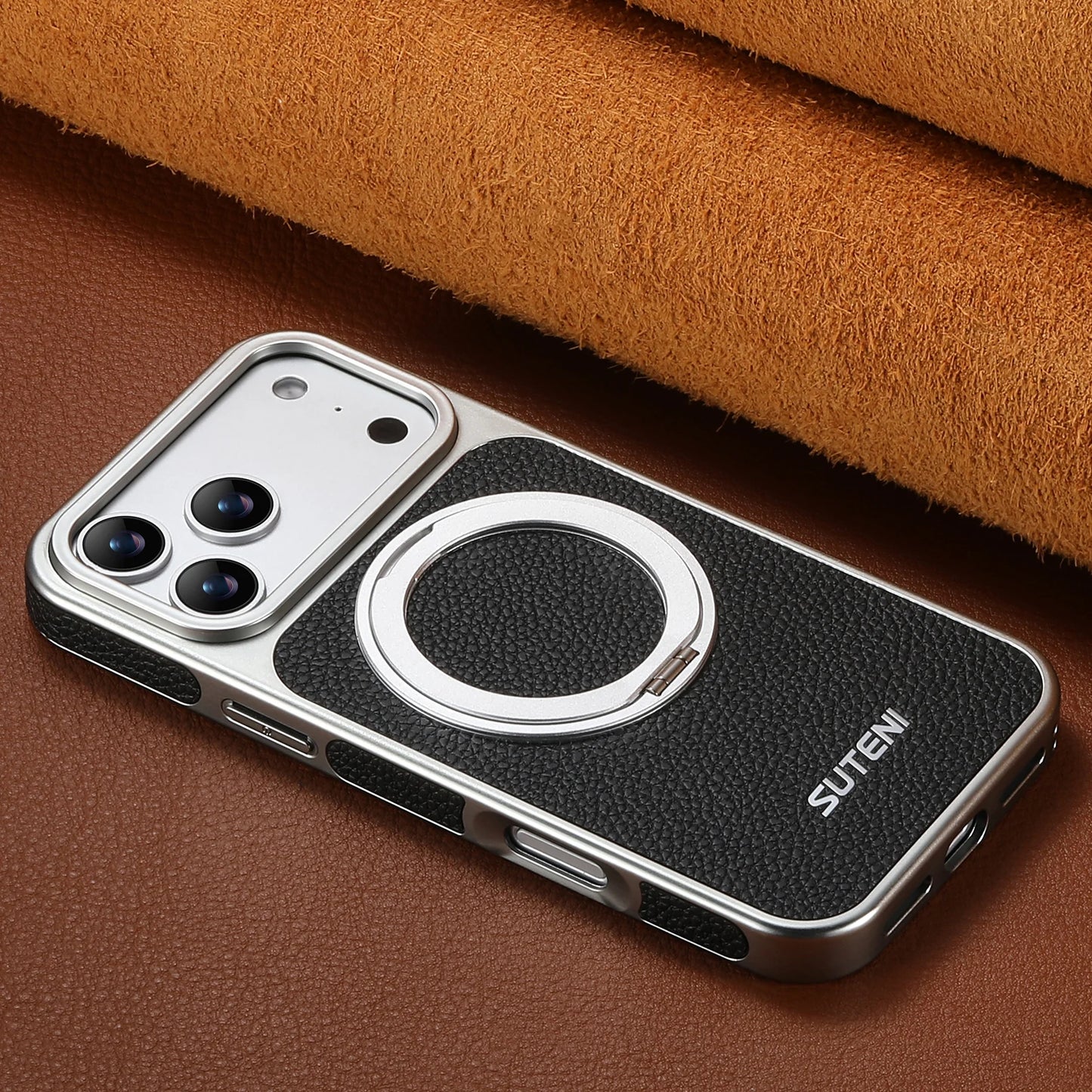 Faux Leather Magnet Wireless Charging Phone Case 360° Rotating Stand Ring Buckle Frosted Feel For iPhone 17 Pro Max 16 15