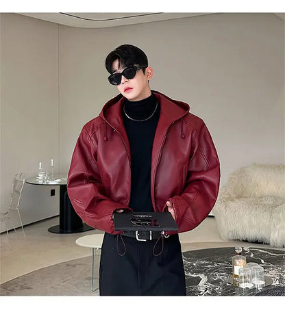 Spring Autumn Short Waterproof Black Pu Leather Jacket Men Hood Zipper High Waist Loose Casual Korean Fashion 2025