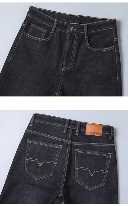 Men New Winter Classics Fleece Thick Warm Jeans Men's Loose Straight Elastic Denim Pants Casual Plush Trousers Large Size 28-40