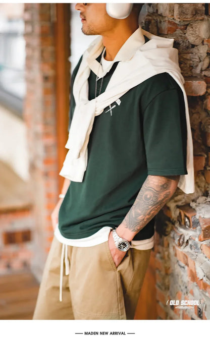 Contrasting Color Short Sleeve T-shirts for Men Summer Green Loose Fit Polo Shirt Casual Embroidery Tee Tops for Daily