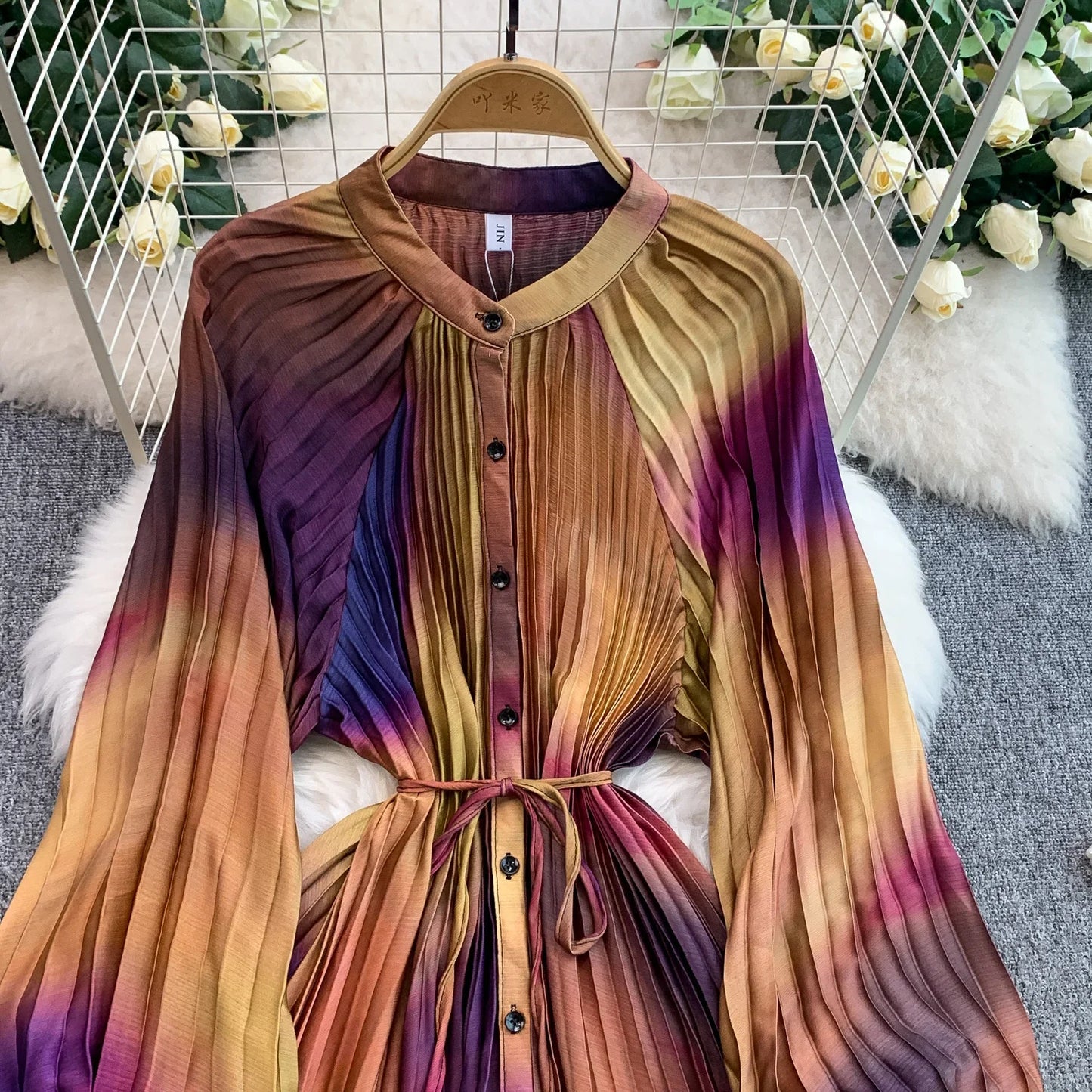 Ele Printed round Ne Lantern Sve Dr Women's Single Button Waist Cinch Maxi Skirt Long Dr Commute Sle Autumn