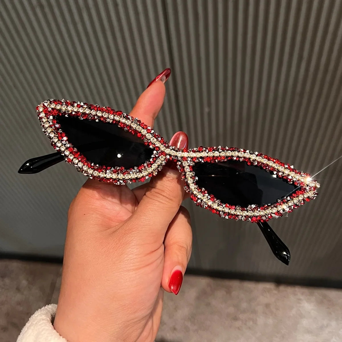 Disco Party Dance Sparkling Sunglasses Women Bling Red Rhinestone Sexy Retro Small Cat Eye Frame Shades for Club Prom UV400