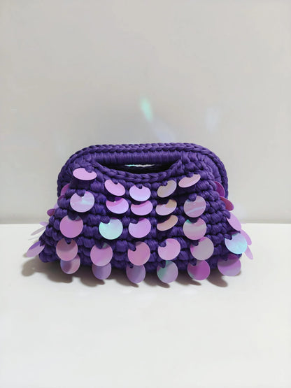 Yingzi Small Sequin Crochet Cluth Bag with Shine Paillettes Handmade Evening Bag Makeup Bag