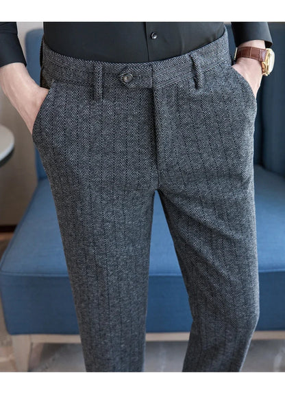 2025 Autumn Winter New Stripe Woolen Cloth Suit Pants Men Thick Warm Fashion Business Casual Male Straight Formal Trousers