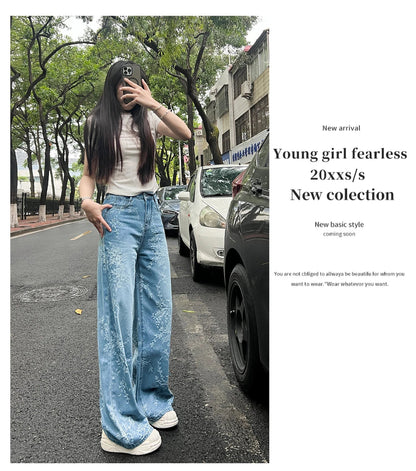 Women's Embroidered Floral Wide Leg Jeans High Waist Slim Fit Straight Cut Summer New Sle Thin Version Casual Denim Pants
