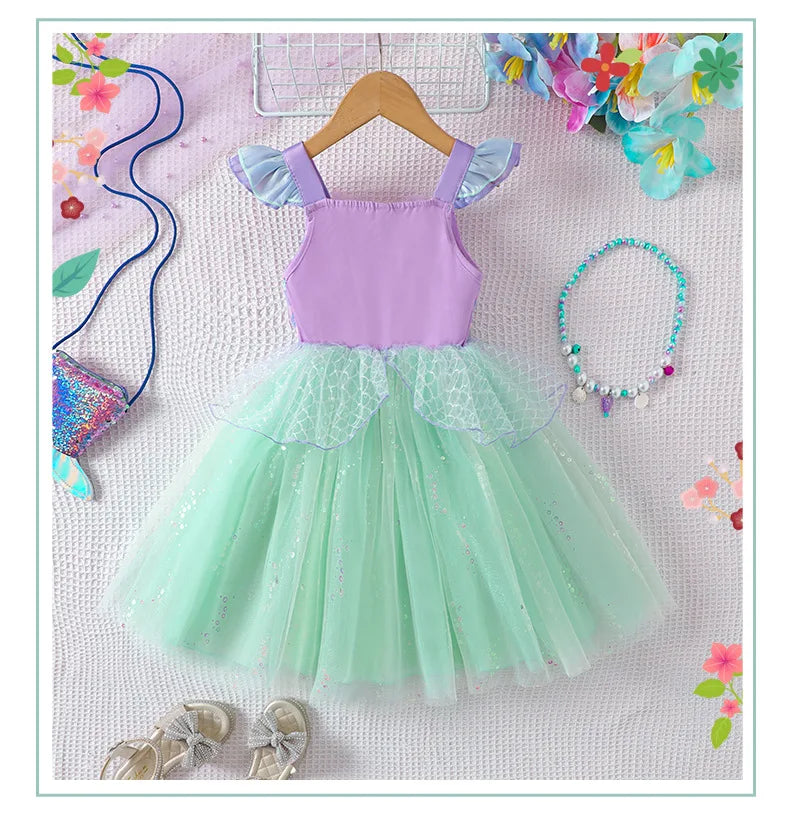2025 Little Girls Mermaid Dress Ariel Party Clothing Casual Princess Birthday Outfit Wear Summer Elegant Gown
