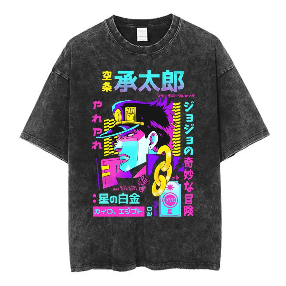 Anime Jojo Bizarre Adventure Washed T-shirt STEEL BALL RUN Diego Brando Manga T-shirts Men Women Cotton Casual Oversized T shirt