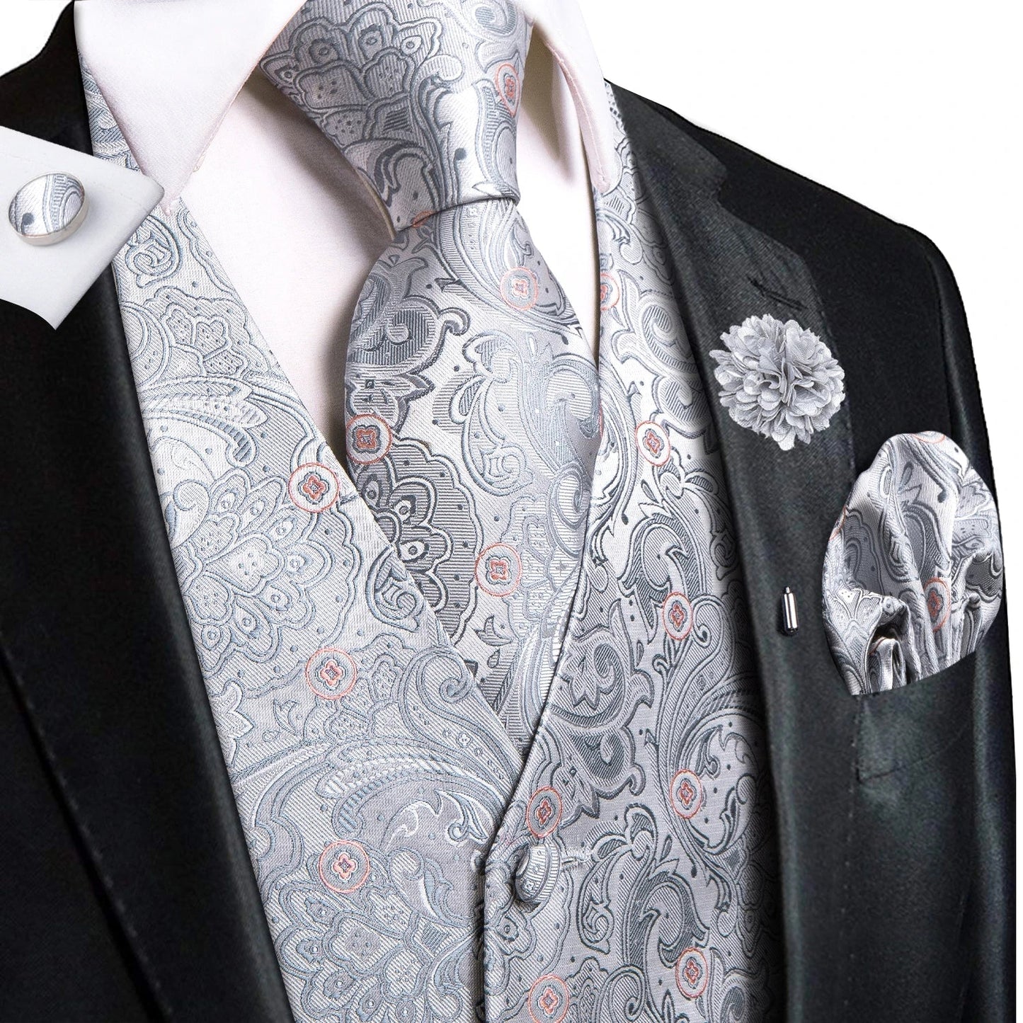 High Quality Silk Mens Vests Champagne Paisley Waistcoat Neck Tie Hanky Cufflinks Brooch Set for Men Suit Wedding Office