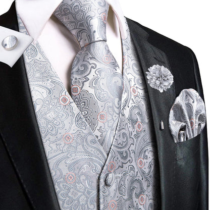 High Quality Silk Mens Vests Champagne Paisley Waistcoat Neck Tie Hanky Cufflinks Brooch Set for Men Suit Wedding Office