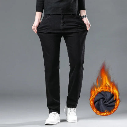 2025 New Winter Men Black Straight Stretch Denim Thick Velvet Pants Warm Jeans Casual Fleece Line Trousers Male Plus Size