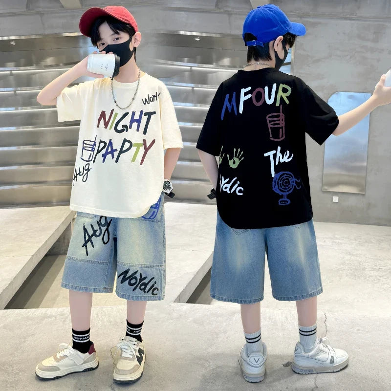 Luxurious Boys Set Summer Outfit Suit Age 5 6 7 8 9 10 11 12 13 14 Years Child Clothing Set Kids Letter T-shirt and Denim Shorts