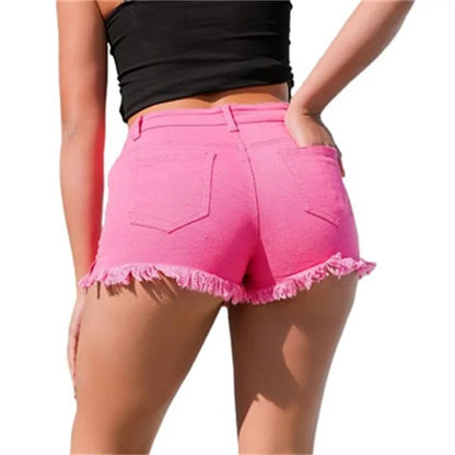 Women Summer Split Tassel Trouser Legs Denim Shorts Vintage Broken Holes Three Quarter Pants Female Casual High Waist Mini Jeans