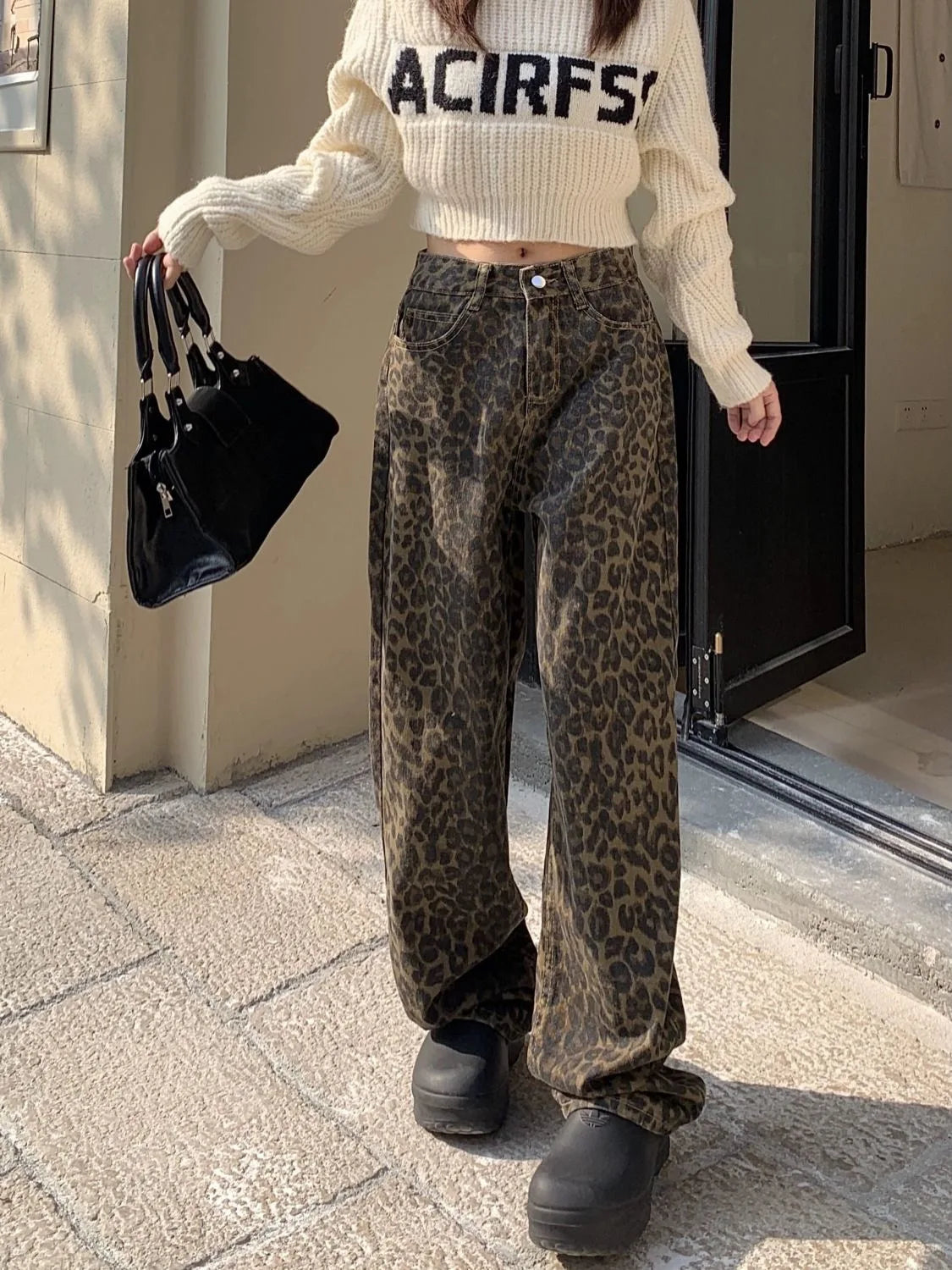 American Vintage Leopard Wide Leg Jeans Women High Waist Street Style Straight Pants Loose Fit Casual Floor Length Denim