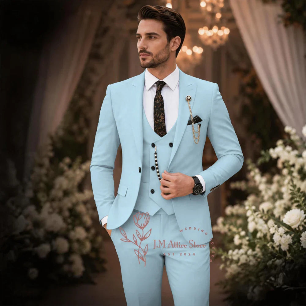 Sage Green Suit Men's 3 Piece Set Peak Lapel Jacket Vest Pants Custom Slim Fit for Wedding Groom Cocktail Party Tuxedo