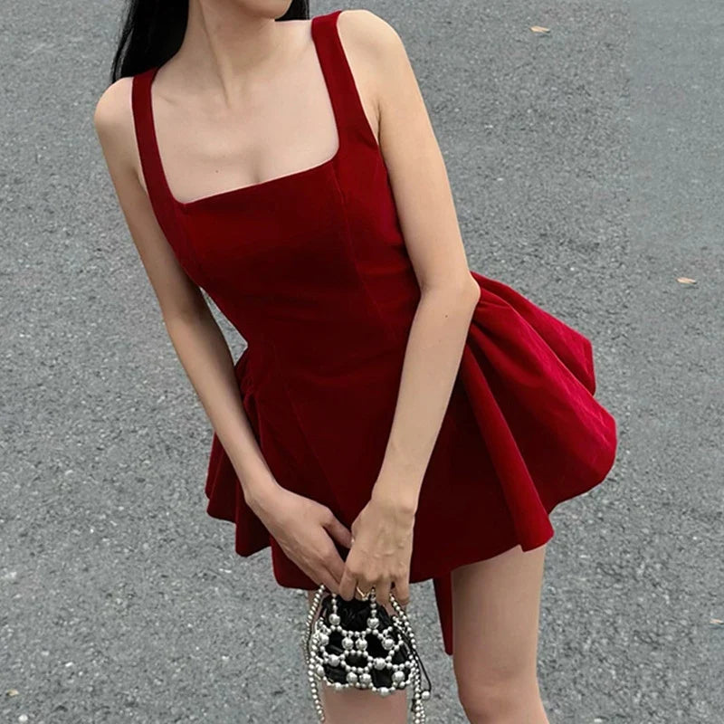 Fashion Red Bowknot Mini Dress Straps Square Collar Sleeveless Backless Vintage Cute Ladies Slim Party Short A-line Dresses