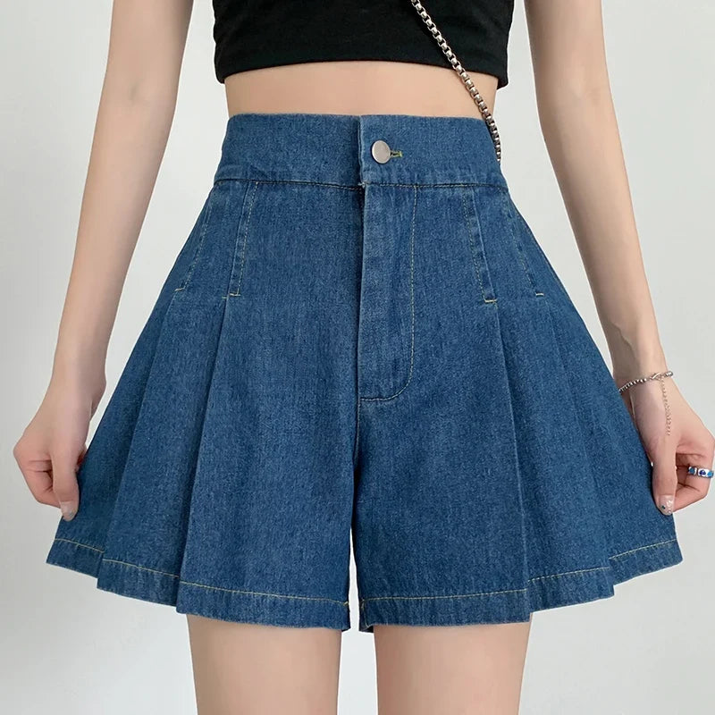 2024 Summer Plus Size Denim Shorts For Women High Elastic Waist Blue Or Sky Blue Pleated Mini Large Size Short Femme