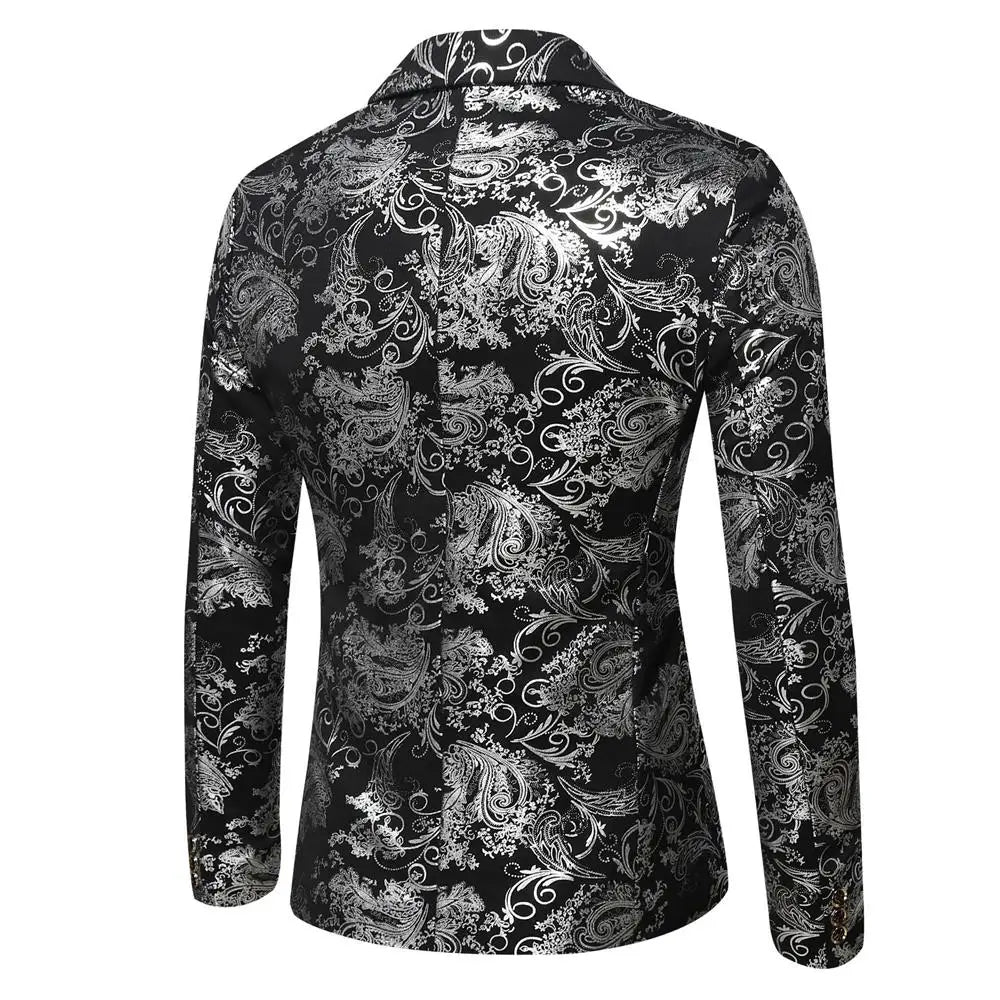Men's Slim Fit Print Blazer Jacket 2025 Fashion Handsome Business Casual Silver Stage Show Suit Small Menswear