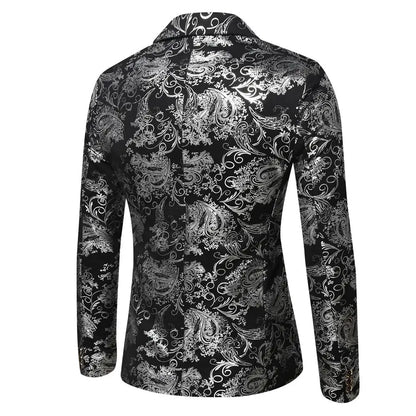 Men's Slim Fit Print Blazer Jacket 2025 Fashion Handsome Business Casual Silver Stage Show Suit Small Menswear