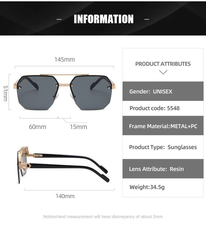 Semi-Rimless Sunglasses For Men Vacation Square Sunglasses Women Trendy Vintage Fashion Glasses Gafas De Sol Hombre Zonnebril