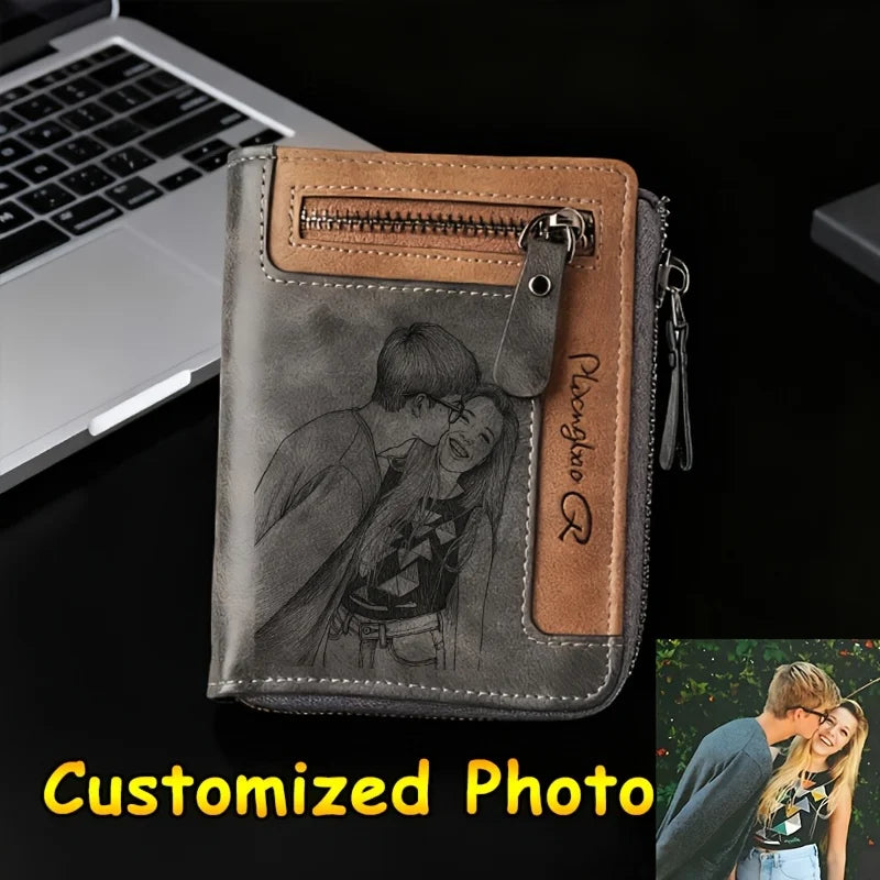 Customized Photo Men Retro Short Wallet Engraved Picture Zipper PU Leather Coin Purse High Quality Credit Card Holder Ideal Gift