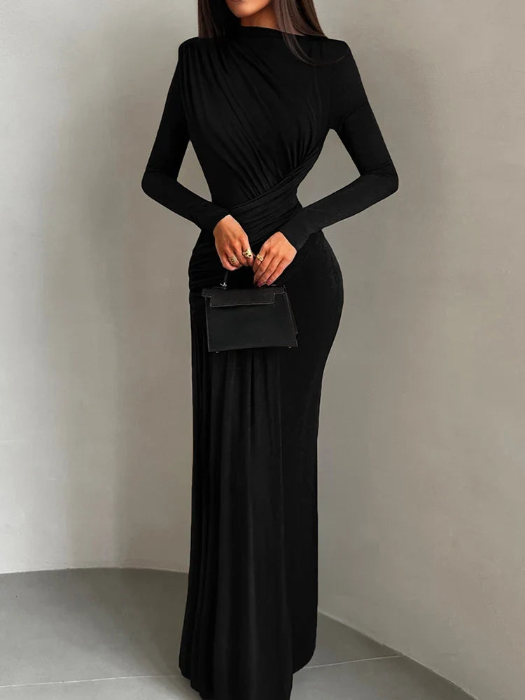 Folds Maxi Dress Women O-Neck Full Sleeve Solid Banquet Elegant Vacation Fashion Autumn Skinny Casual Simple Vestido